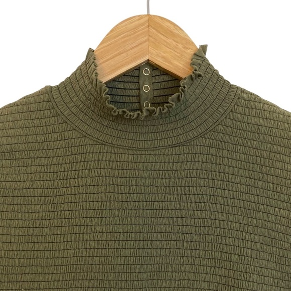 NATION LTD Yael Smocked High Ruffle Neck Top Ozark Green Pima Cotton Cutout Back - Picture 10 of 16